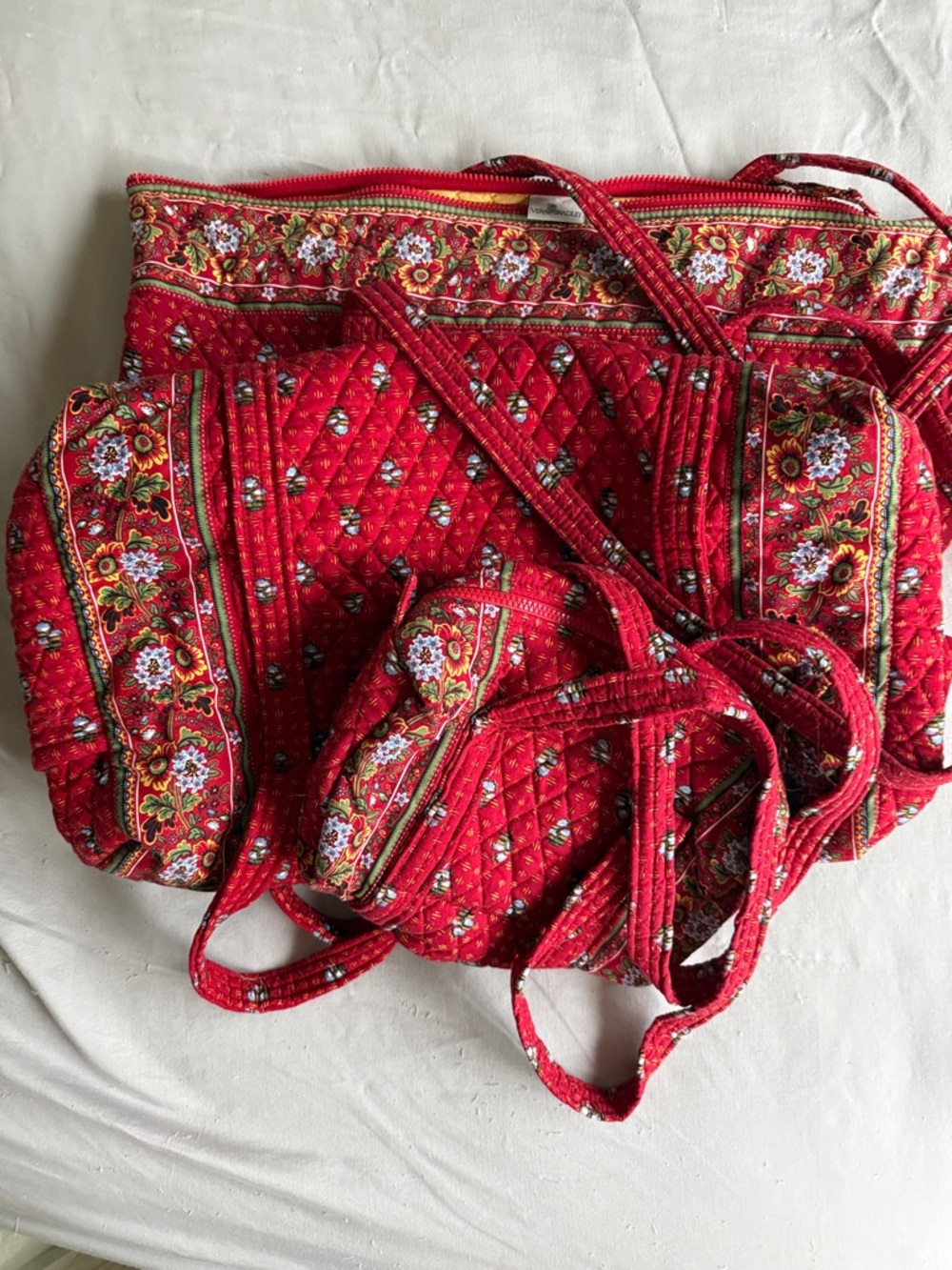 Vera Bradley 3 Red Quilted Floral Weekender Bags Set  Like New.